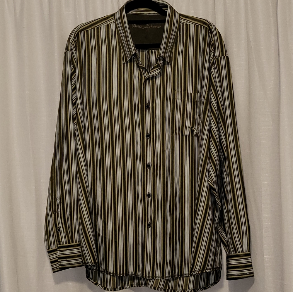 Tommy Bahama Green Striped Long Sleeve 100% Silk